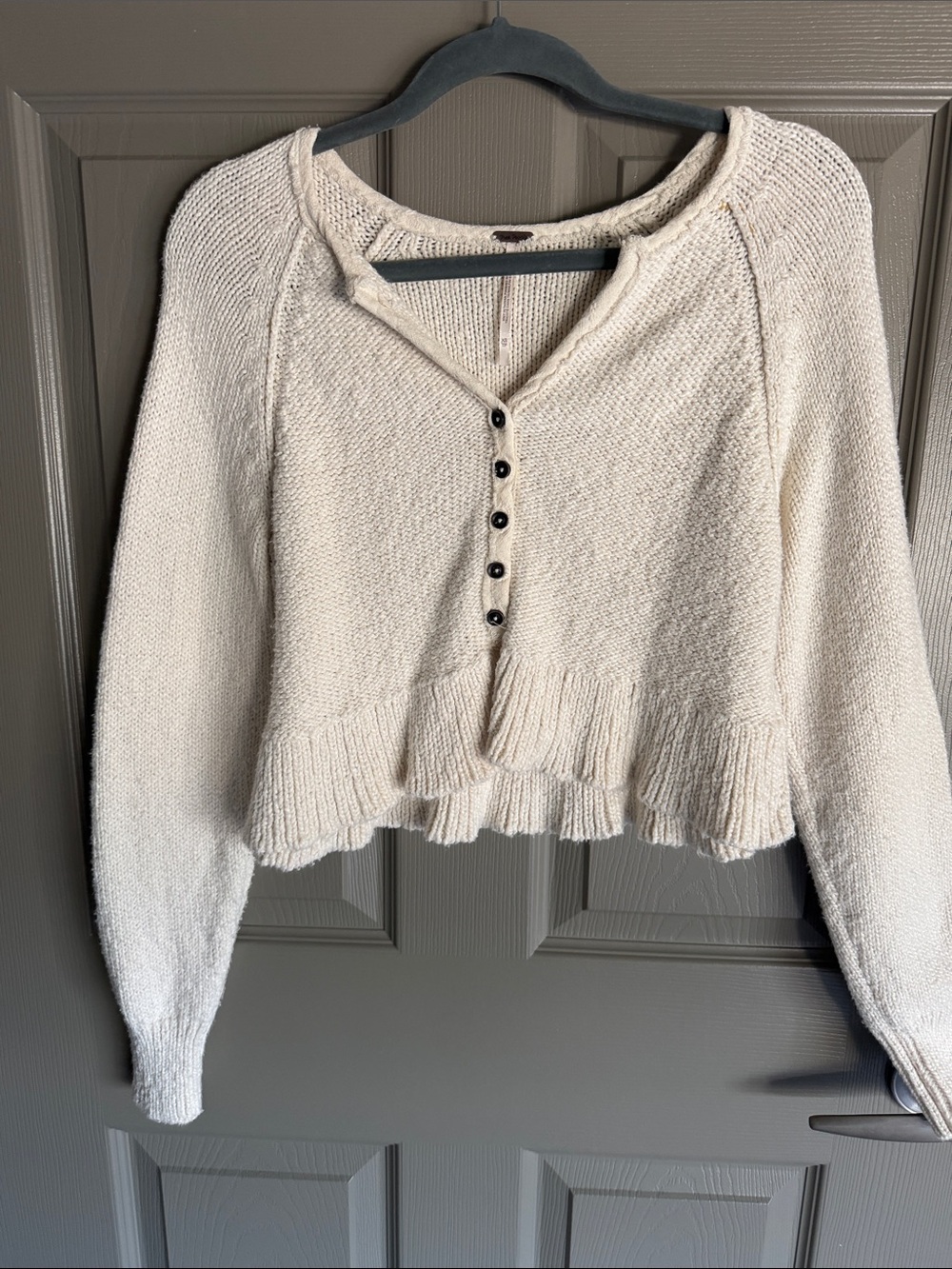 Free People Cream Henley Button Ruffle Hem V-Neck Sweater